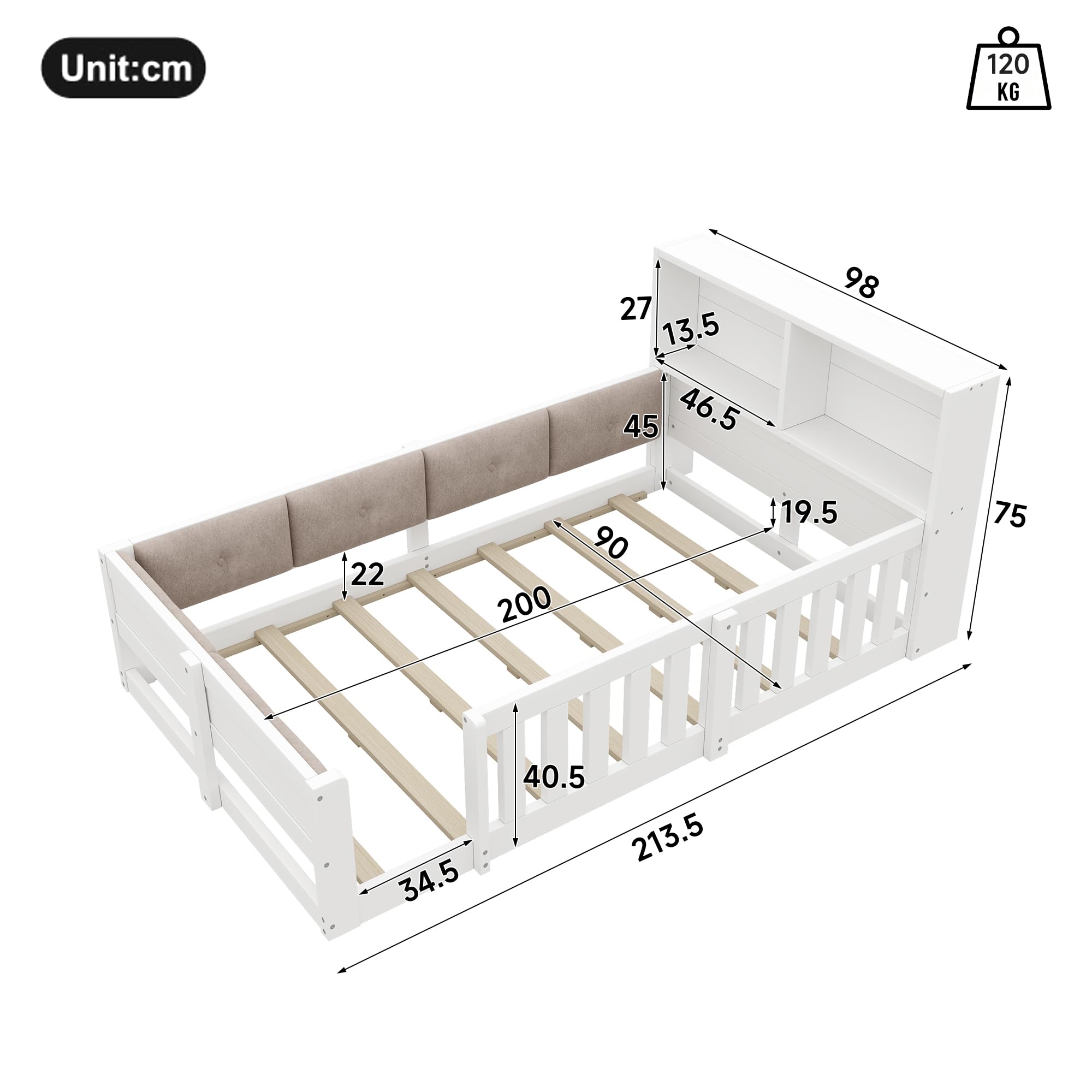 Kebnor Letto piatto a sbalzo, 90 x 200 cm, con griglia laterale, senza materasso, stile minimalista, con barra luminosa a LED, bianco