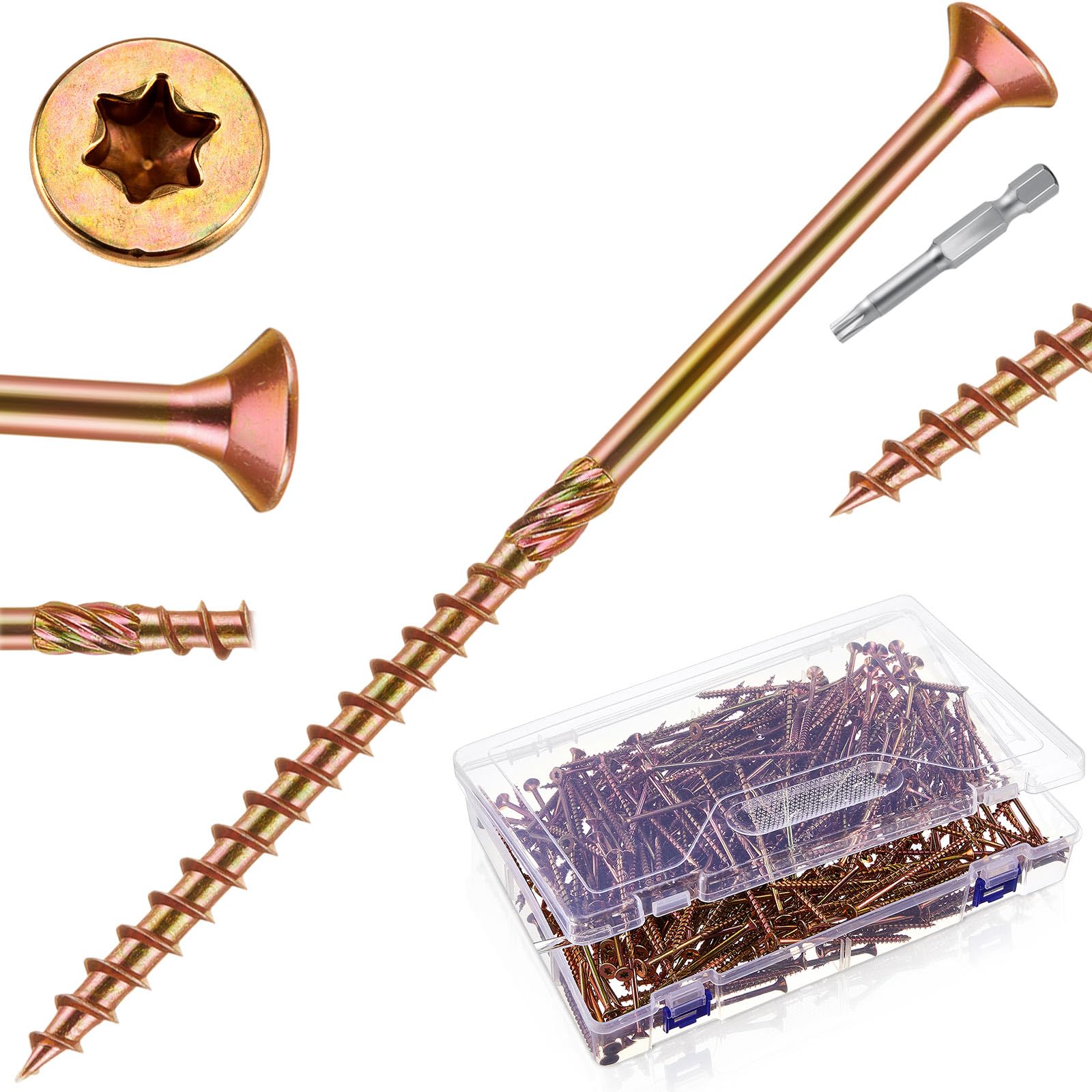 Blulu 500 tornillos de madera #10 x 4 pulgadas, tornillos de cubierta de 4 pulgadas resistentes a la corrosión, revestimiento exterior de epoxi con 2 puntas de estrella T25 para valla al aire libre