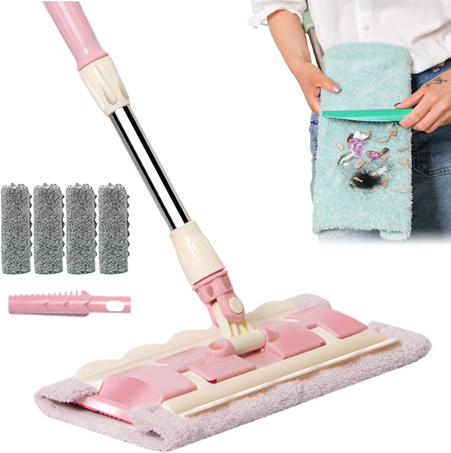 Wet Dry Flat Mop - 360 Degree Rotatable Cleaning Tool Telescopic Handle Floor Cleaner with 4 Wasshable Pads