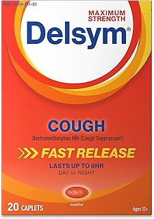 Delsym Maximum Strength Cough Suppressant, Over-The-Counter Medication for Cough, Fast Release Caplets with Dextromethorphan HBr, Cough Medicine for Adults Lasts Up to 8 Hours Day or Night, 20 Count