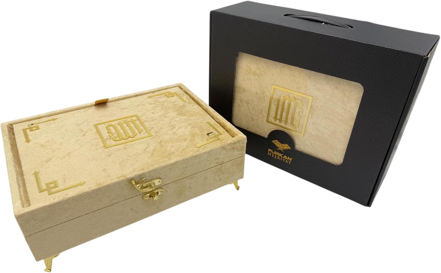 Modefa Holy Quran Velvet Keepsake Beyza Islamic Gift Set with Gold Accents Decorative Storage Case (Gold)
