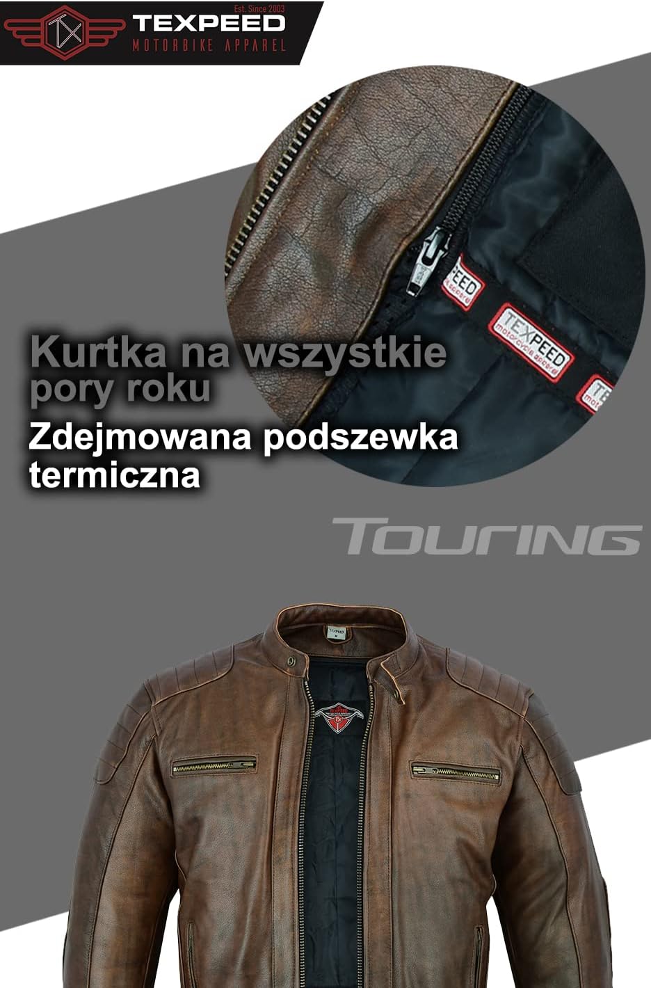 Мужская кожаная мотоциклетная куртка с защитой — с настоящей защитой CE Armor для мотоциклистов (EN 1621-1) — для всех сезонов/зима/лето — Texpeed — коричневая — L