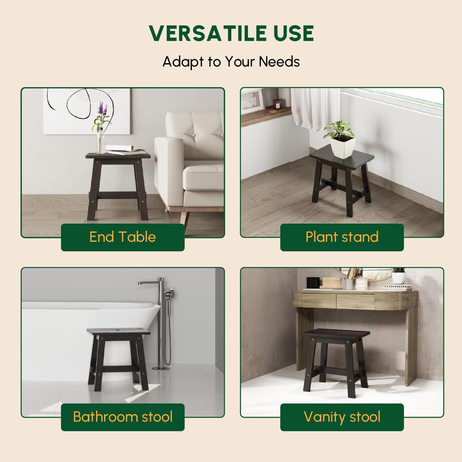 BEEFURNI Rectangular Acacia Wood Stool, Small Bench Seat, 18 Inch Stool, Wood Bathroom Vanity Bench, Plant Stand Indoor, 350 LBS Load Capacity, 1-Year Manufacturer Warranty (Black)