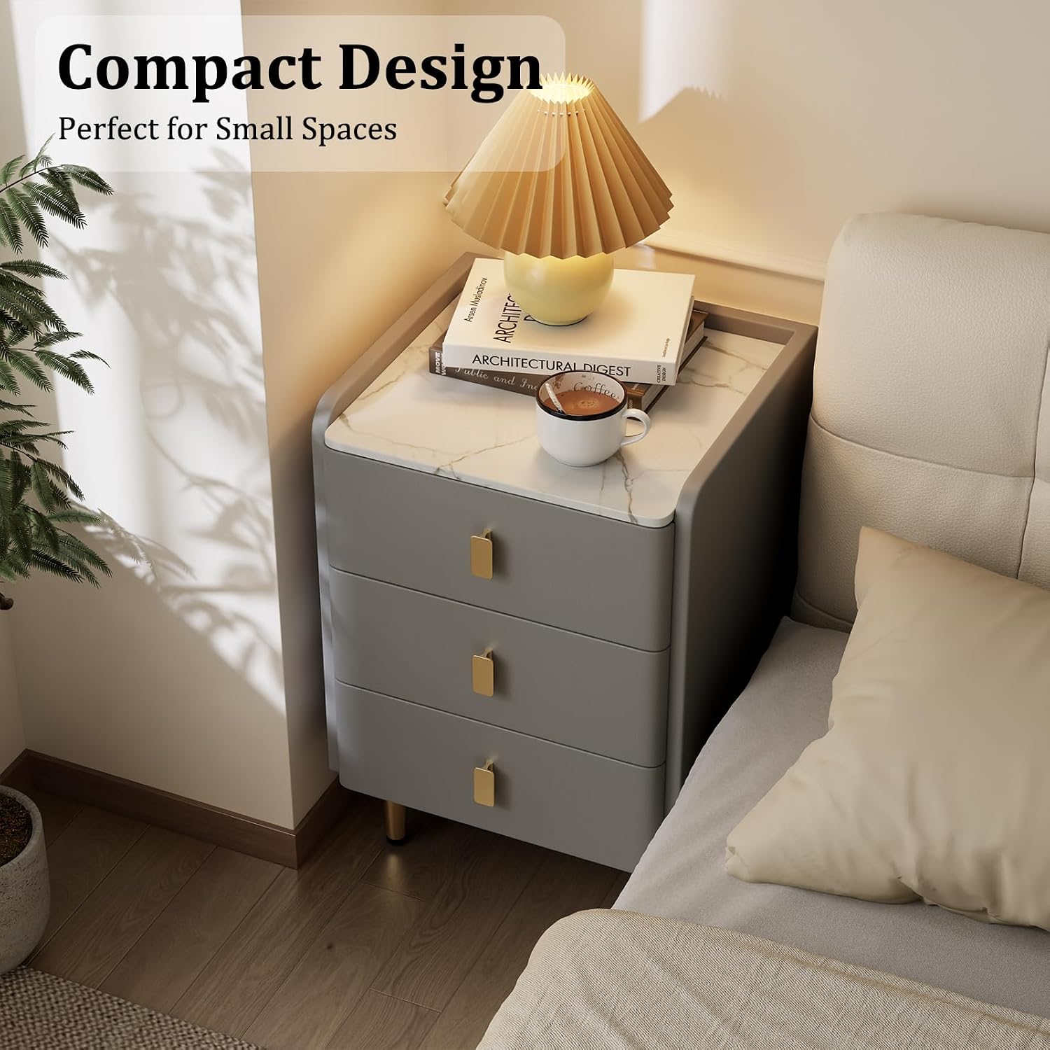 AQIMUELE Narrow Nightstand with Drawers, Narrow Side Table Leather, Small Bedside Tables for Bedroom. (Dark Gray)