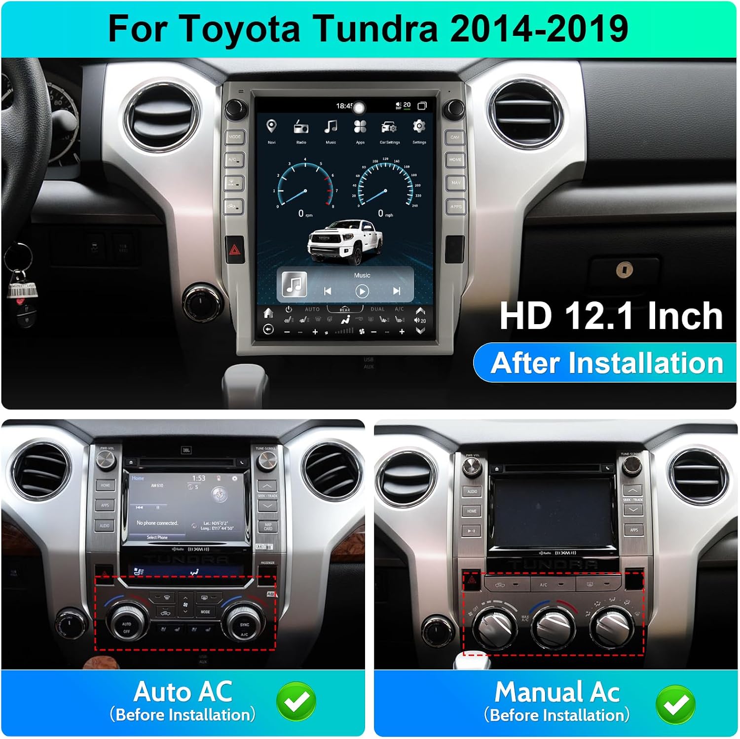 8 Cores 4+64G Android 12 Tundra Screen Upgrade, Car Radio Stereo for Toyota Tundra 2014-2019,12 inch Vertical Touchscreen Support Wireless CarPlay Android Auto GPS Bluetooth FM SWC