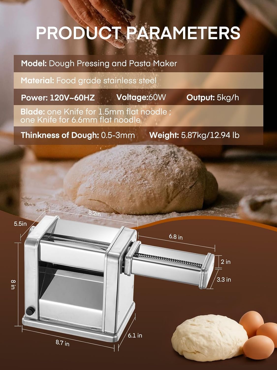 FOHERE Electric Pasta Maker Machine, Adjustable Thickness Noodle Maker for Spaghetti, Fettuccine, Lasagna & Dumpling Skins | 7-Level Customization, Food-Grade Stainless Steel, Easy Clean