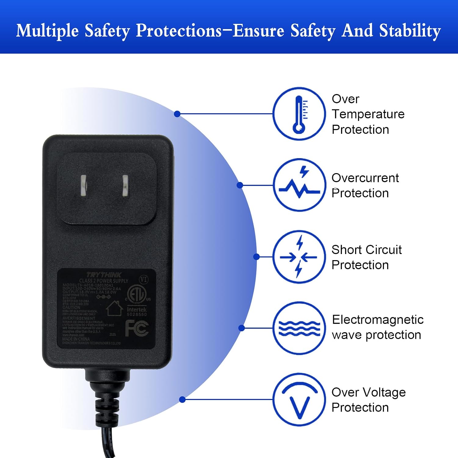 18V 1A AC DC Power Supply,6 FT Power Cord ETL Certified 18V 1Amp Power Adapter DC 18V 1A Power Cord with 9 Interchangeable Jacks for 100mA 200mA 300mA 400mA 500mA 600mA 800mA 900mA 1000mA Electronics