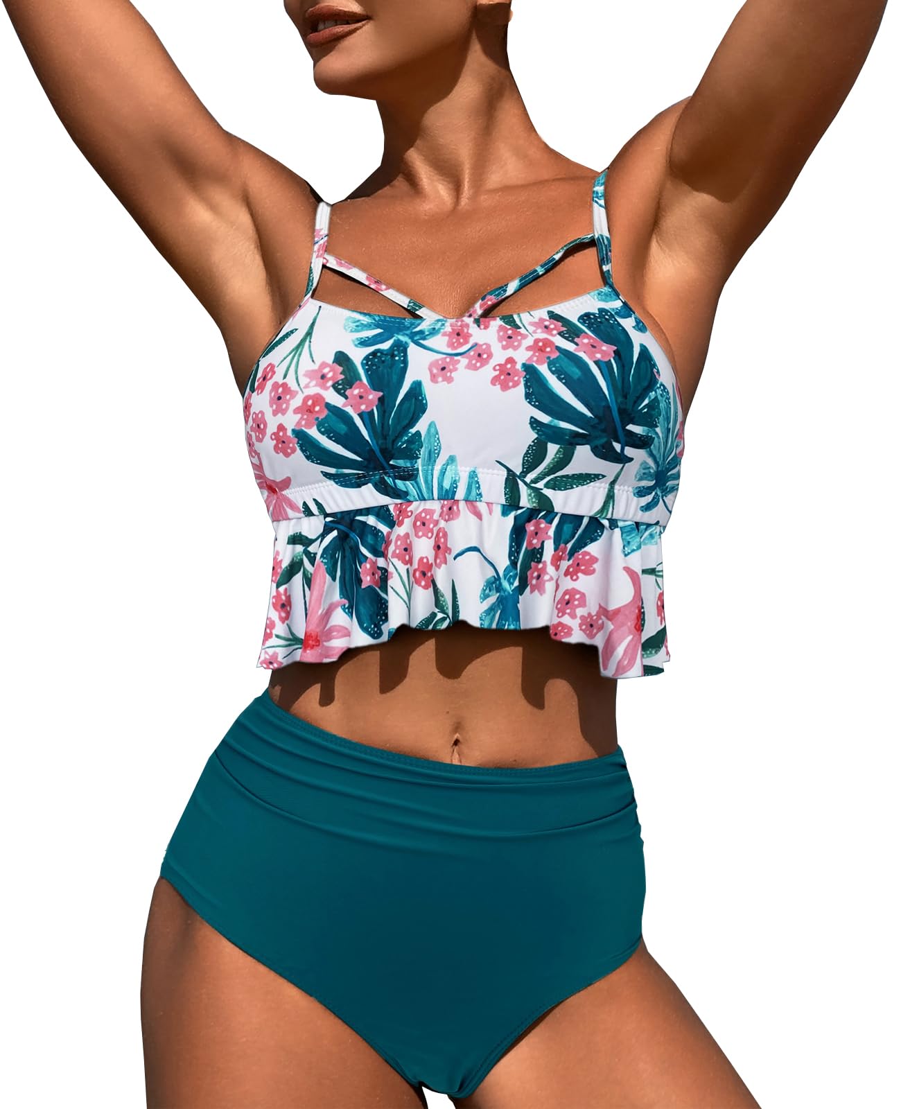LUNNTE Damen Bikini Set Wickeloptik Hoher Taille Bikini Bademode Blumenmuster Bauchkontrolle Zweiteiliger Badeanzug High Waist Swimsuit