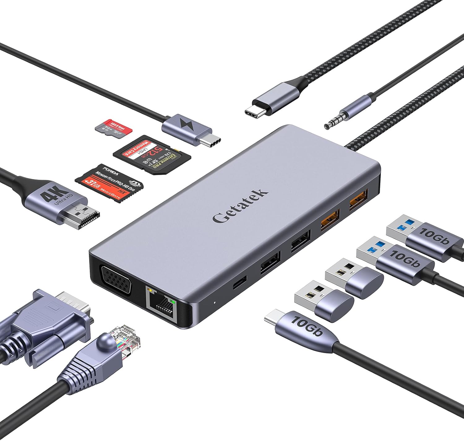 13 Ports Laptop USB C Docking Station, 10Gbps USB C Hub with 2*USB A 3.2&1 USB C 3.2 Data Port, 2*USB 2.0, 4K HDMI, VGA, 100W PD Charging, RJ45, SD/TF/MS, 3.5MM Audio for MacBook(USB 3.2 Port)