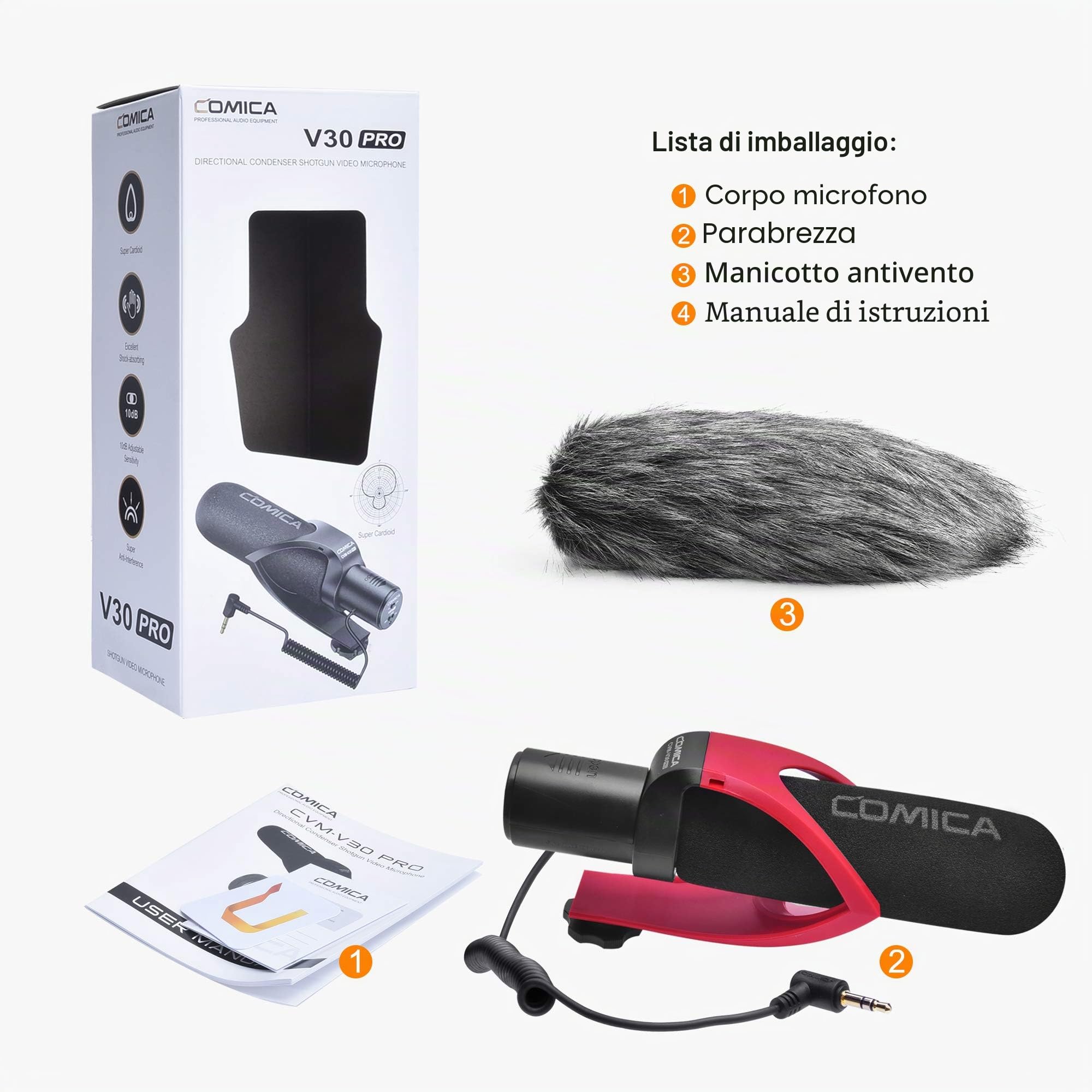 CVM-V30PRO R Super Cardioide Shotgun Camera Microfono video a Condensatore Mic per Sony Nikon Canon Panasonic Fuji Olympus DSLR Fotocamera/Videocamera/Camcorder(con Windmuff)