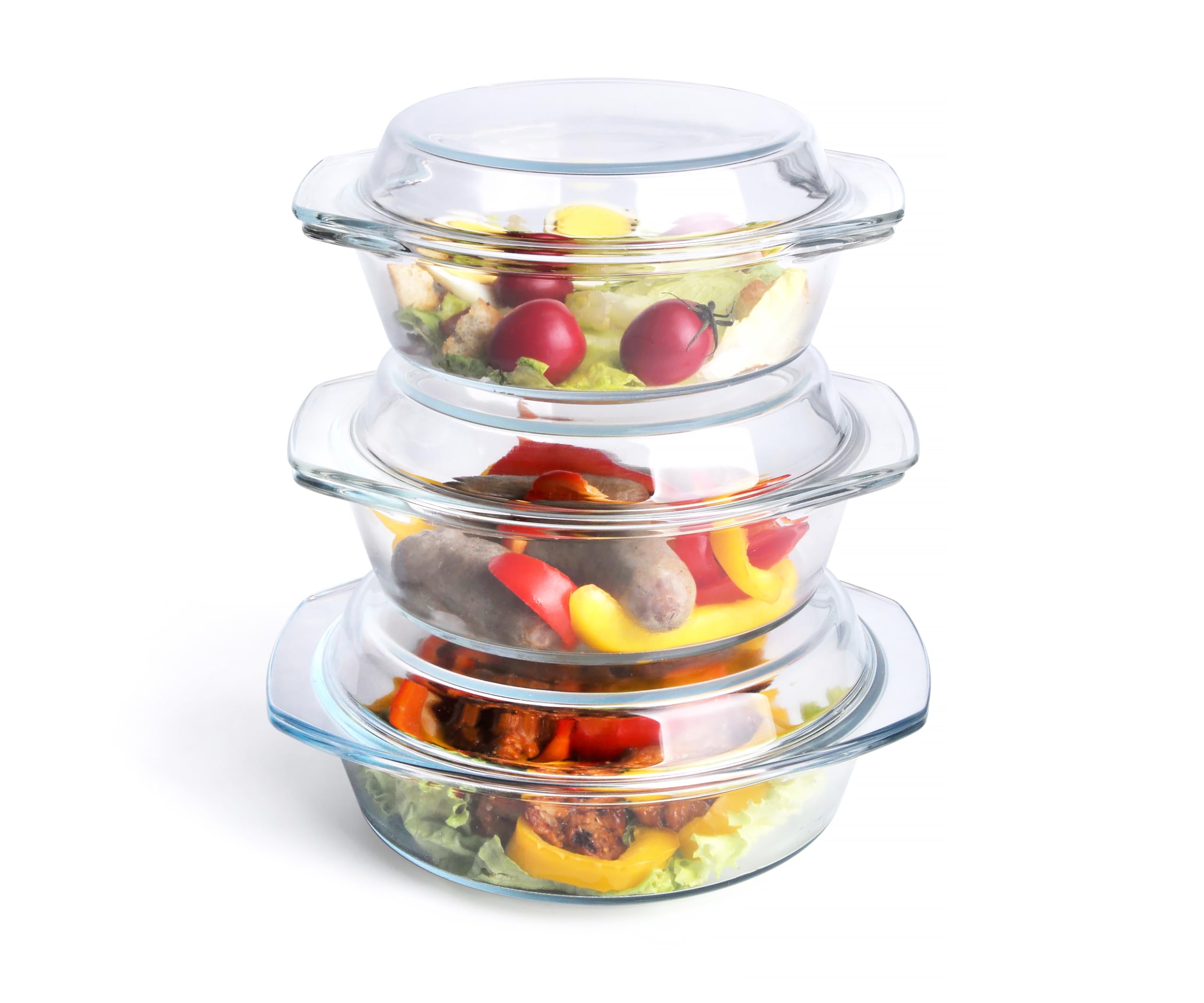 Set di 6 Pezzi Casseruola Tonda in Vetro Con Coperchio, 1L+1.5L+1.8L Temperato Teglia da Forno per Forno, Congelatore e Lavabile in Lavastoviglie