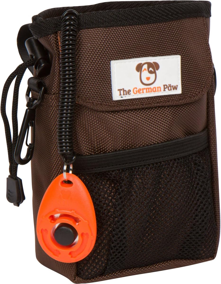The German Päw Dog Treat Pouch for Training, 7x2.5x5 Inches, Brown, Includes Training Clicker