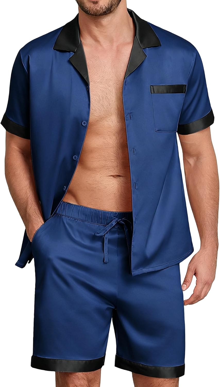 Vssjavun Men Silk Satin Pajamas Sets Short Sleeve Button Down Sleepwear