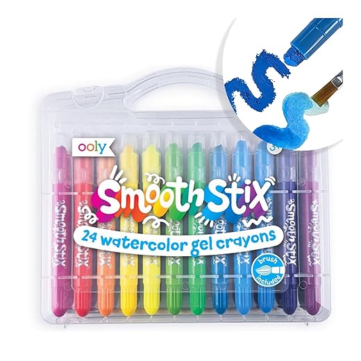 Ooly Smooth Stix Gel Crayons for Kids and Adults with Paint Brush - Set of 24 Watercolor Rainbow Crayons for Glass and Paper with Case, Twist-Up Gel Crayon Set