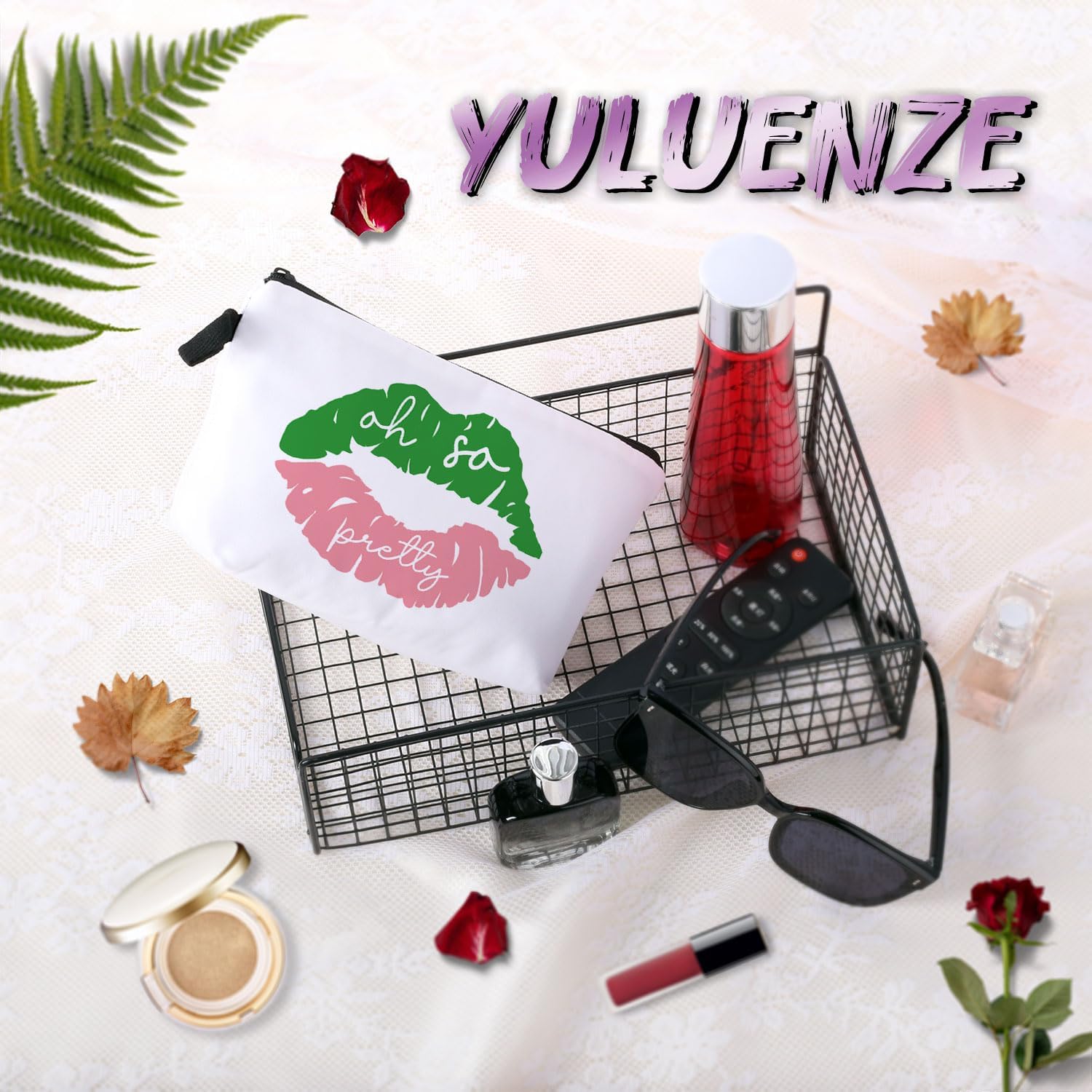 Oh So Pretty Makeup Bag Cute Small Organizer Bag with Zipper AKA Green Pink Lip Cosmetic Bag Aesthetic Sorority 1908 Present for Women Friends - Image 7