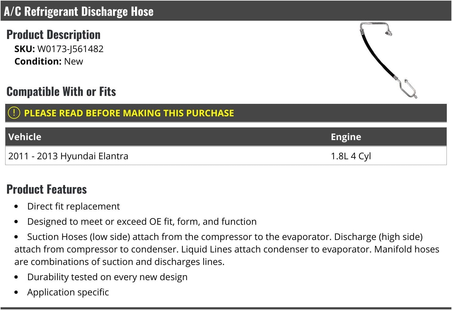 Marketplace Auto Parts A/C Discharge Hose - Compatible with 2011-2013 Hyundai Elantra 1.8L 4-Cylinder