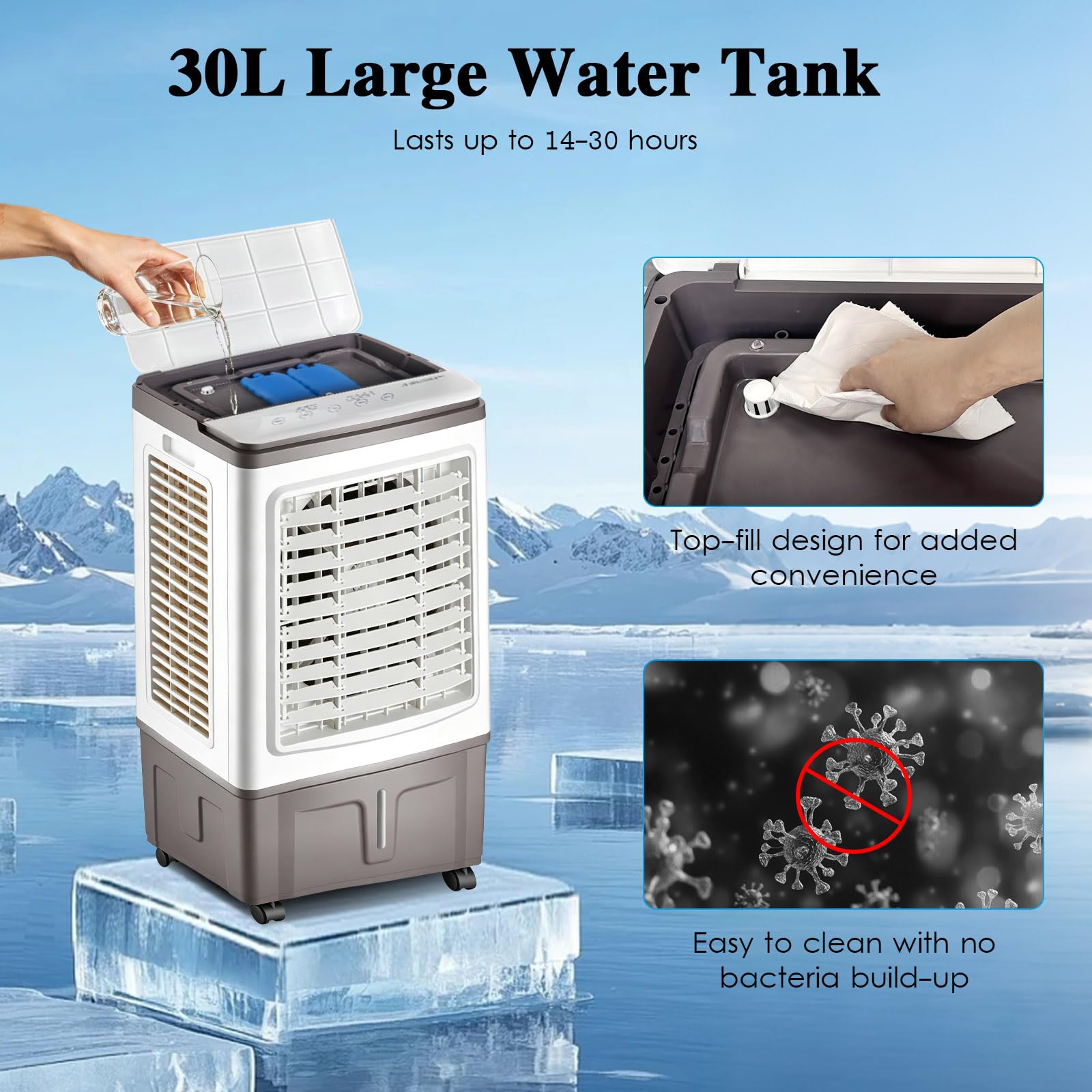 Raffrescatore Evaporativo 30L, Ventilatore ad Acqua con Telecomando e Siberini, Flusso d'Aria Potente, Grande Serbatoio, Climatizzatore Evaporativo Portatile per Grandi Ambienti, Salotto e Garage