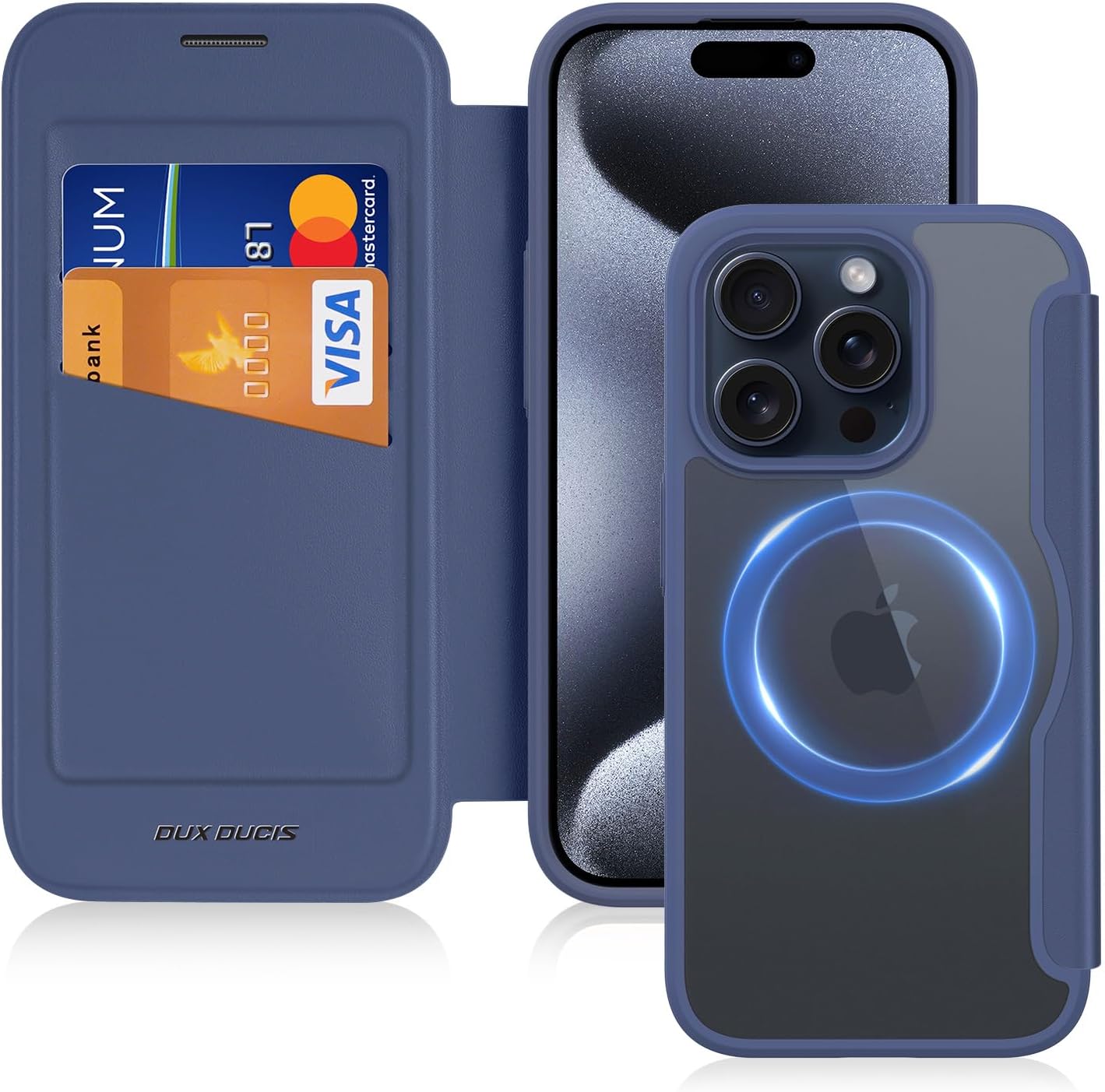 DUX DUCIS Case for iPhone 15 Pro Max Wallet Compatible with Magsafe, Shockproof Full Protective Flip Folio RFID Blocking Card Slot PU Leather Cover Max（6.7/'',Blue）, SK-iPhone15ProMax-BL