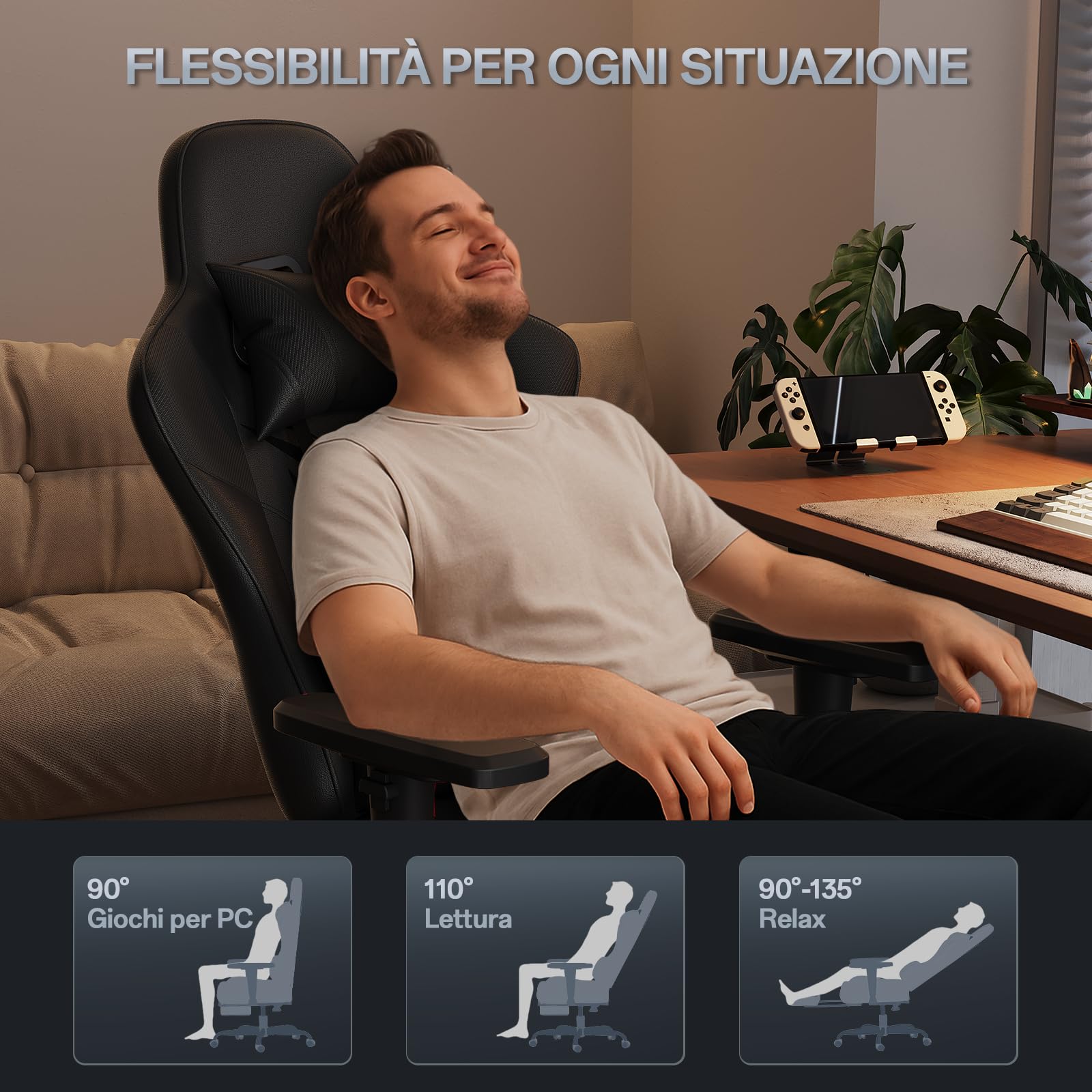JUMMICO Sedia Gaming Ergonomica ad alto schienale con poggiapiedi estensibile, schienale reclinabile 90–135°, braccioli 2D regolabili, portata massima 150 kg, ideale per gioco e lavoro,Nero