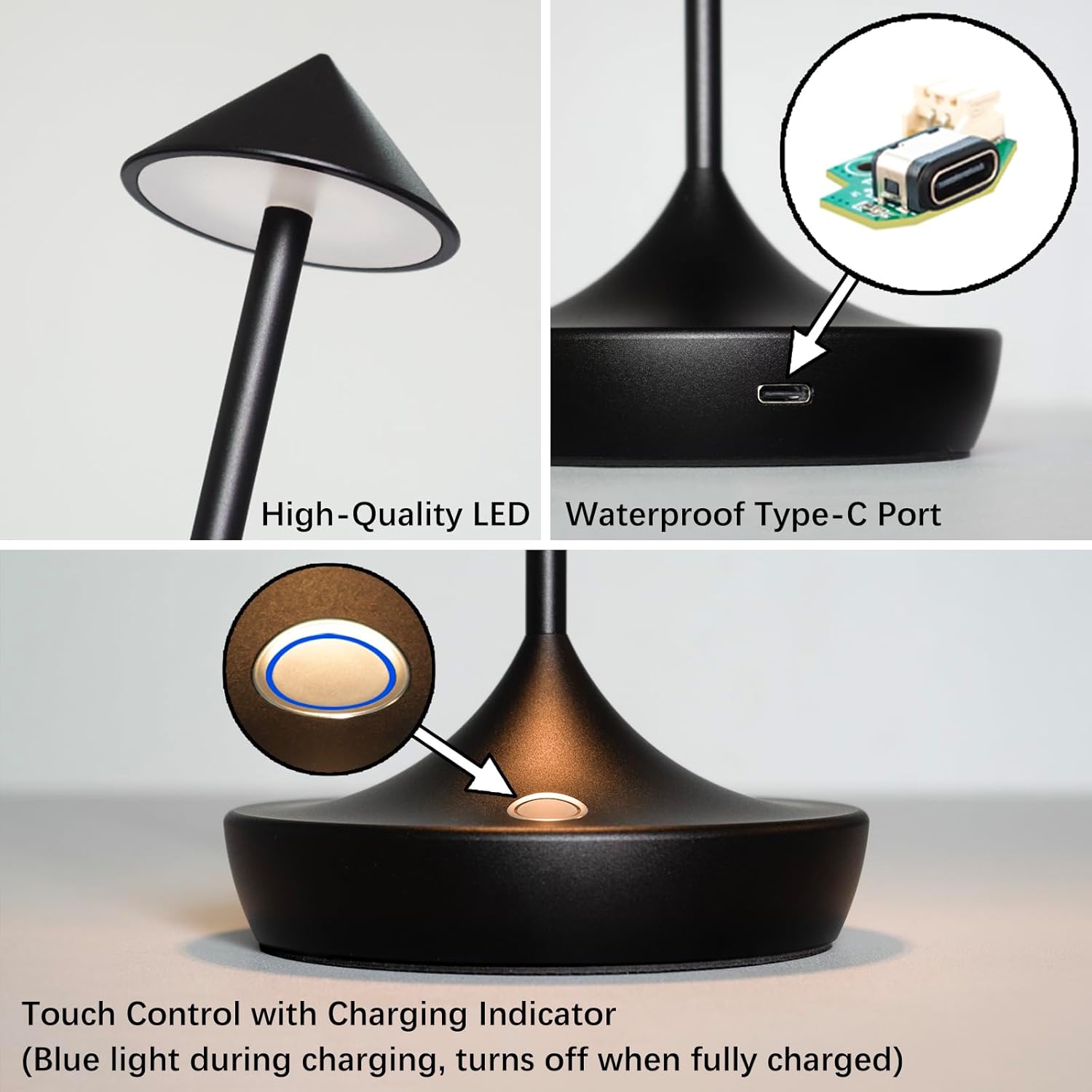 2-Pack Cordless Rechargeable LED Table Lamps, Metal, 3 Color Touch Stepless Dimmable, IP54 Waterproof Portable Battery Operated for Outdoor Dining Patio Restaurant Home Decor, Black