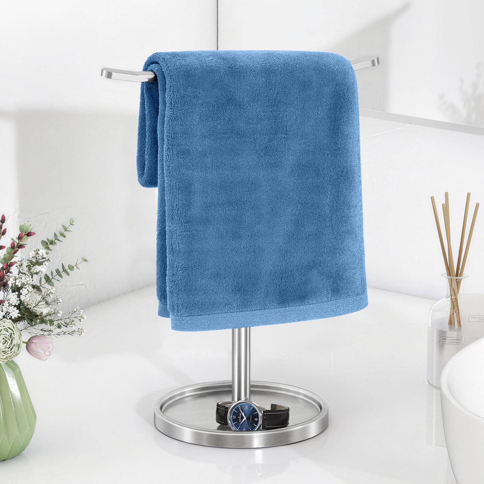 Photo 1 of STWWO Hand Towel Holder, Stainless Steel Towel Holder Stand for Bathroom, Kitchen Countertop, T-Shaped Hand Towel Rack Stand, Brushed Nickel