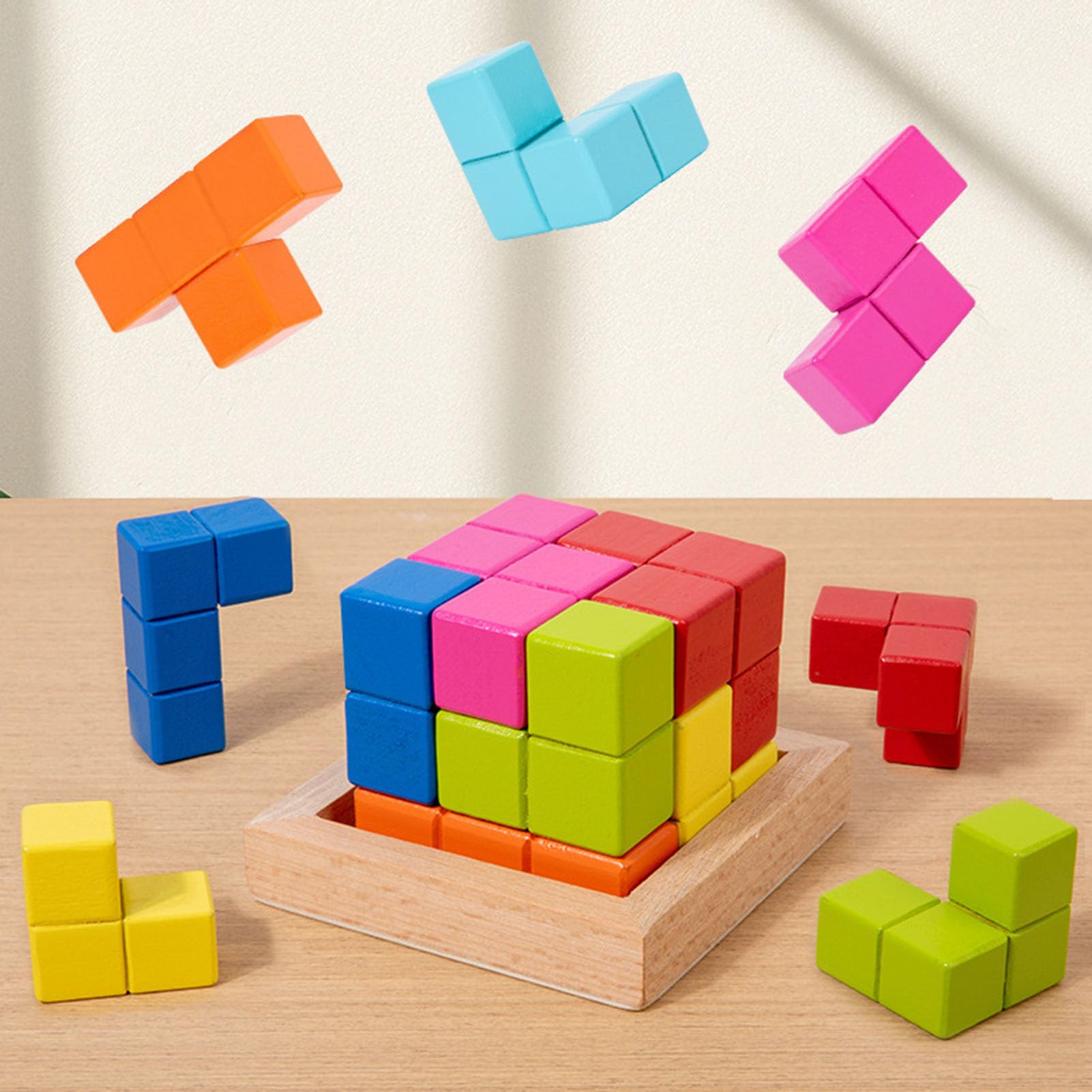 Bloques de Rompecabezas de Cubo de Madera, Juego de construcción de Bloques de Colores 3D