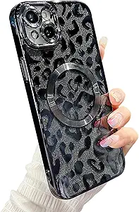 for iPhone 14 Case Magnetic,Soft Cute Luxury Leopard Cheetah Pattern Plating Glitter Bling Phone Case Compatible with MagSafe Clear Shockproof Back Cover for Women Girl 6.1"-Black