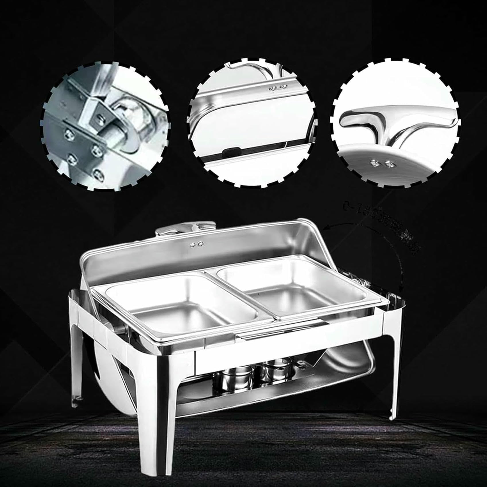 Juego de plato para calentar alimentos, juego de cinco piezas con bandeja para comida y agua, soporte, tapa y quemador, rectangular, con visor para cafetería, con aislamiento térmico y térmico, 9 l