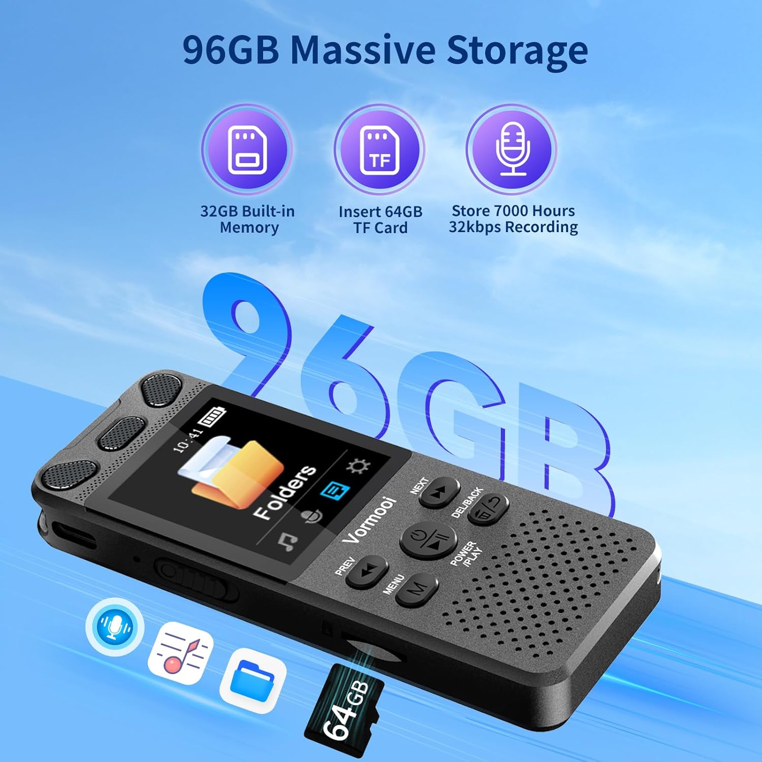 Image showing the 96GB massive storage capacity of the Vormooi Voice Recorder, highlighting 32GB built-in and 64GB TF card.