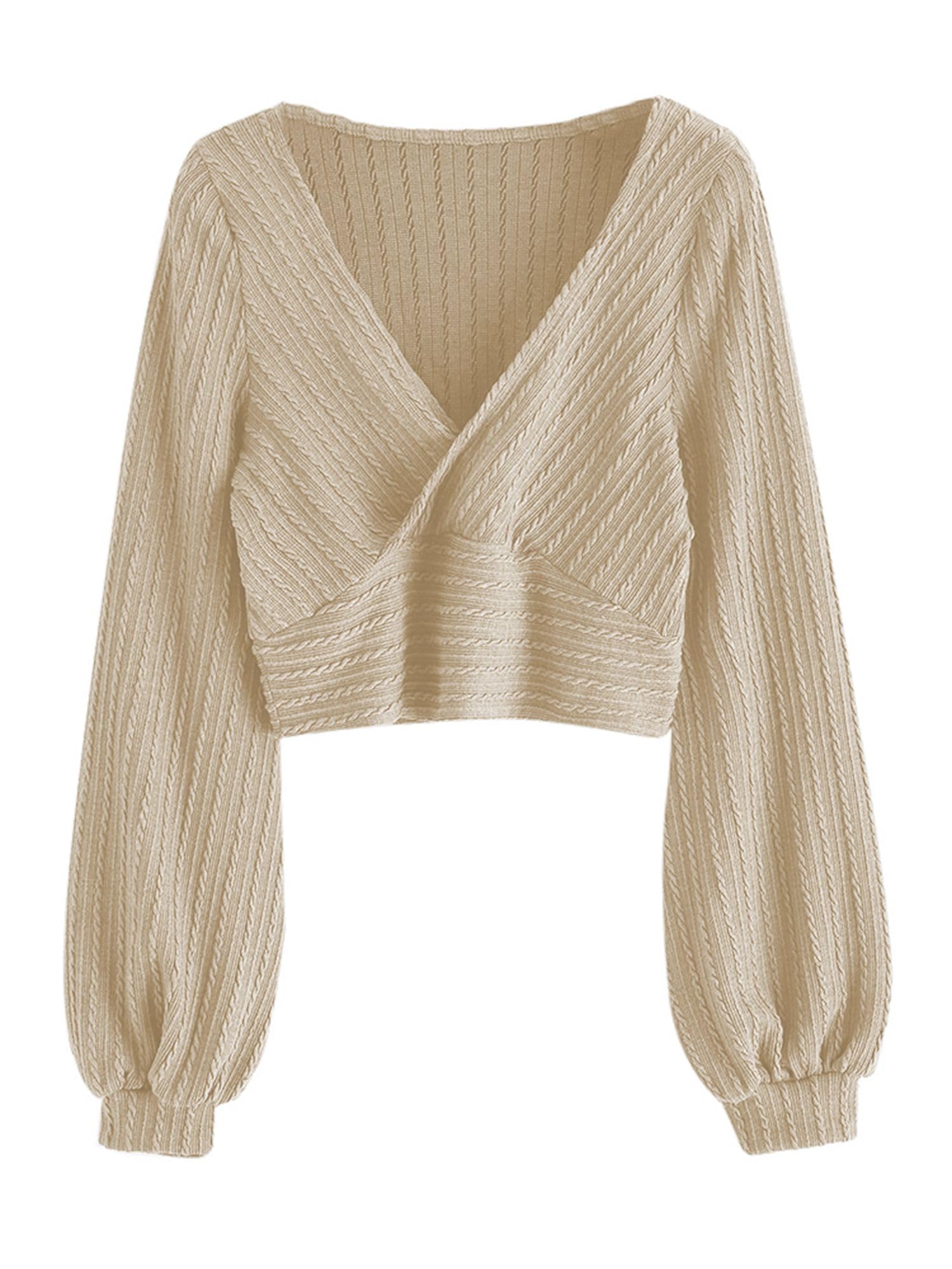 ZAFUL Womens Pullover Ribbed Cropped Knitwear Drawstring Ruched Knitted Crop Top Solid V-Neck Long Sleeve T-Shirt