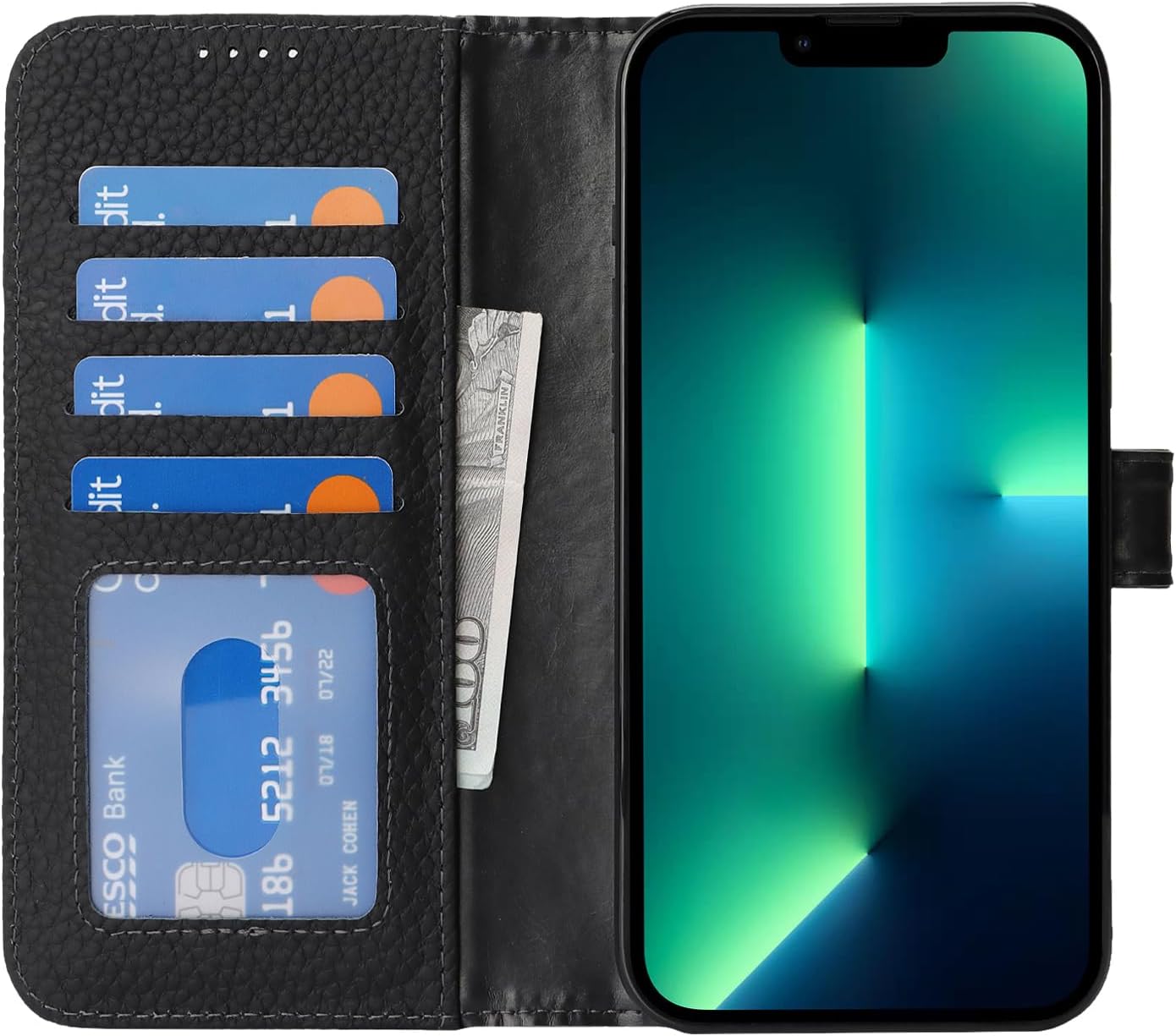 Zouzt for iPhone 13 Pro Max/12 Pro Max 6.7" Genuine Leather Wallet Case with 4 Card Slot, RFID Blocking Magnetic Flip Folio Shockproof Cover Women Men for iPhone 13 Pro Max/12 Pro Max - Black