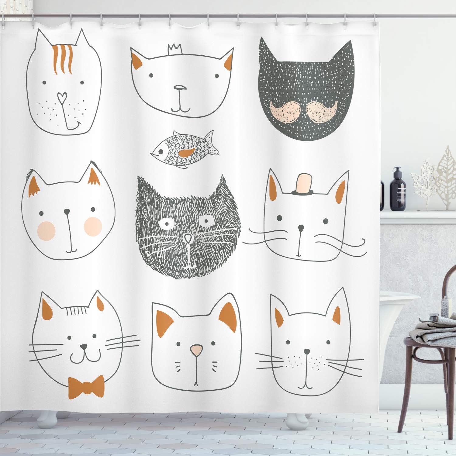 Ambesonne Cat Shower Curtain, Pets Moustache Bow Tie Hat Crown Fluffy and Fish Humor Faces Graphic, Cloth Fabric Bathroom Decor Set with Hooks, 69" W x 70" L, Amber Dimgray