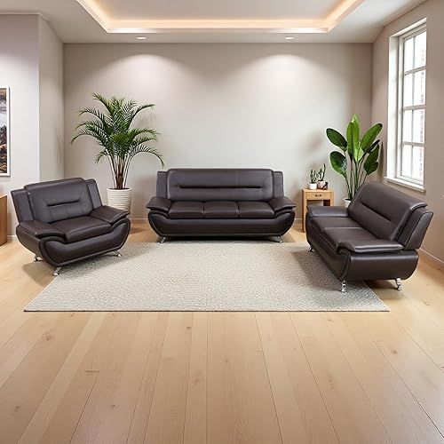 Leather Sectional Sofa Couches, Living Room Furniture Sets, 3 Pieces Modern Couch Set, Faux Leather Sofa Loveseat Chair Set with Sturdy Legs for Living Room/Bedroom/Office, Dark Brown