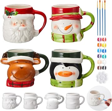 LOYIM 4 Set Christmas Ceramic to Paint Color Your Own Mugs, Retro Style