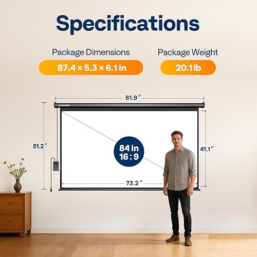Miniatura 8 de VIVOHOME Motorized Projector Screen with Remote, 16:9 84 Inch Auto Electric Projection Screen, HD 4K Movie Screen for Home Theater, Cinema, Office