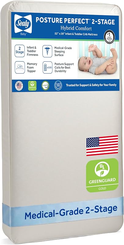 Sealy Baby Posture Colchón de cuna transpirable perfecto, certificado GREENGUARD Gold, fabricado en EE. UU., espuma viscoelástica híbrida de 2 etapas y 150 bobinas premium, ajuste para cama infantil, seguridad y calidad probada, 52 x 28 pulgadas
