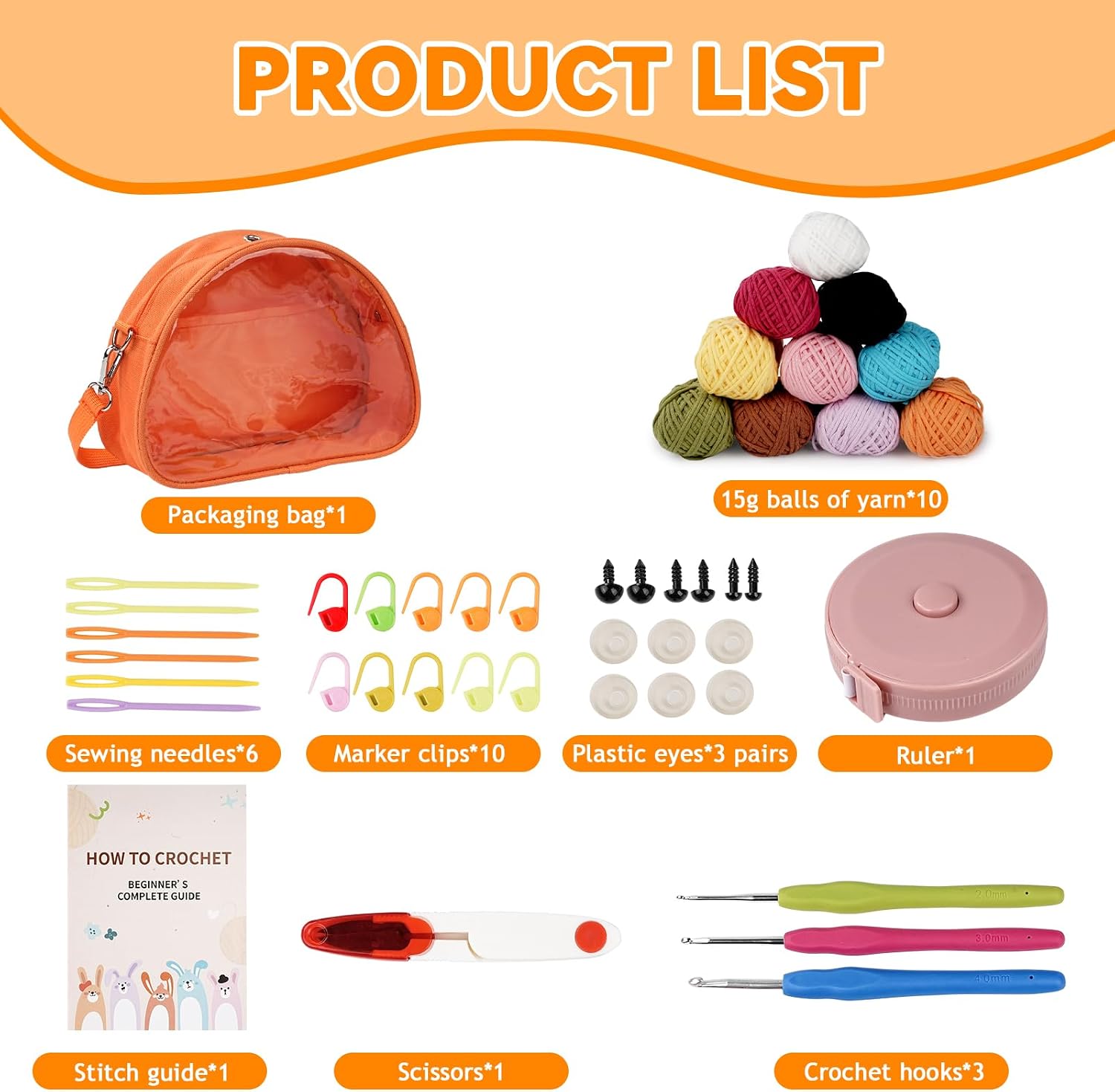 Vanttokeey Crochet Kit for Beginners 36Pcs, Crochet Kit with 10 Colors Cored Yarn Set, Crochet Hooks, Stitch Markers, Storage Bag and Guide Etc – Gift for Starter and Professionals (Monochrome)