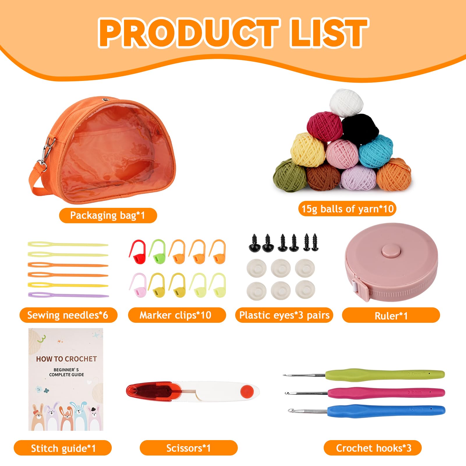 YUMILI Kit per uncinetto per principianti, set da 36 pezzi con 10 colori a tinta unita da 2 mm, uncinetti ergonomici, per adulti e bambini, per lavori fai da te