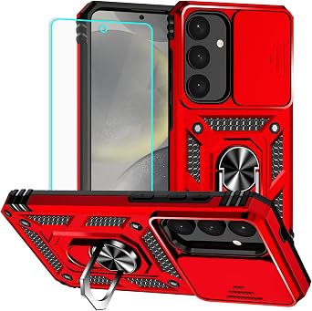 HNHYGETE for Samsung S25 Case with Screen Protector [Military Grade 20ft. Drop Tested] Slide Camera Cover Ring Shockproof Protective Phone Case for - Samsung Galaxy S25 Red