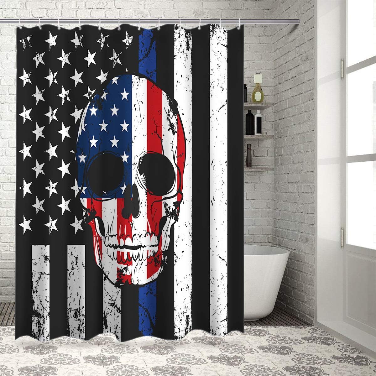 Z&L Home American Flag Skull Shower Curtains for Bathroom Decor Independence Day Polyester Fabric Waterproof Bath Curtain Set with Hooks 36×78Inch