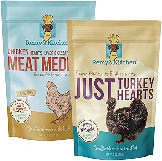 Freeze Dried Dog & Cat Treats | USA Made, Human-Grade, Small Batch, All Natural, Single Ingredient, Grain Free, Healthy Snack (3 Ounce (Pack of 2), Turkey Hearts and Chicken Medley)