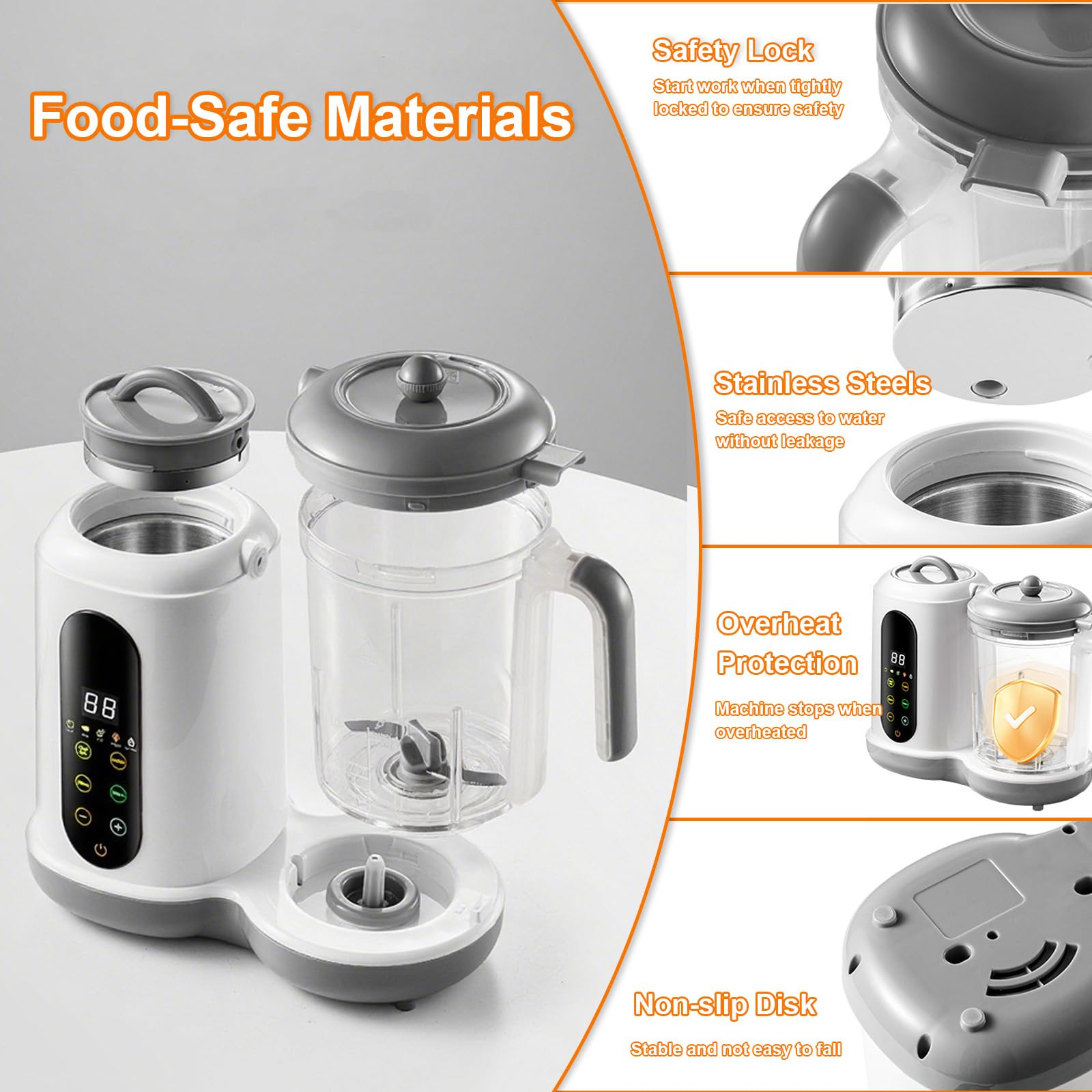 Máquina automática de alimentos para bebés 4 en 1, procesador de alimentos casero multifuncional de 450 W con vaporizador, licuadora de puré, 4 menús preestablecidos, control de pantalla