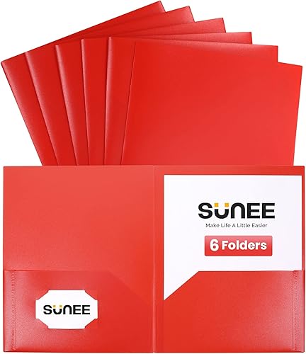 SUNEE Carpetas de plástico de alta resistencia con 2 bolsillos (paquete de 12 unidades, color rojo) para papel tamaño carta de 8.5 x 11 pulgadas,