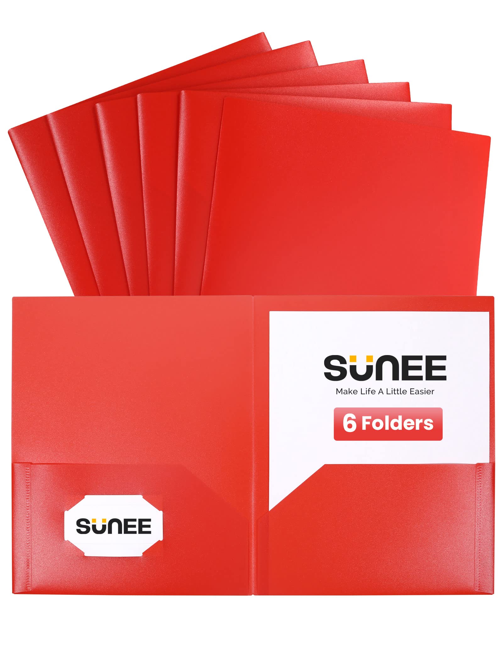 SUNEE 2 Pocket Folders (6 Pack, Red) Heavy-Duty Plastic Folders with Pockets, Fit 8.5x11 Letter Size Paper, 2-Pocket File Folders for Kids, Home,