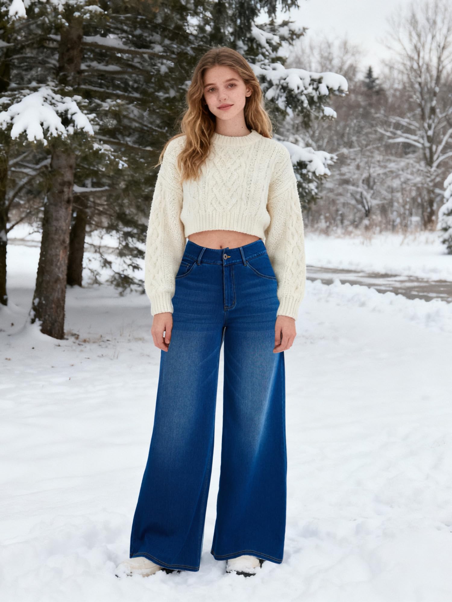 LaiEr Jeans à Jambe Large pour Femmes,avec Design Classique de Devant à Bouton et Fermeture éclair,Coupe Ample,Pantalon en Denim à Haute élasticité adapté