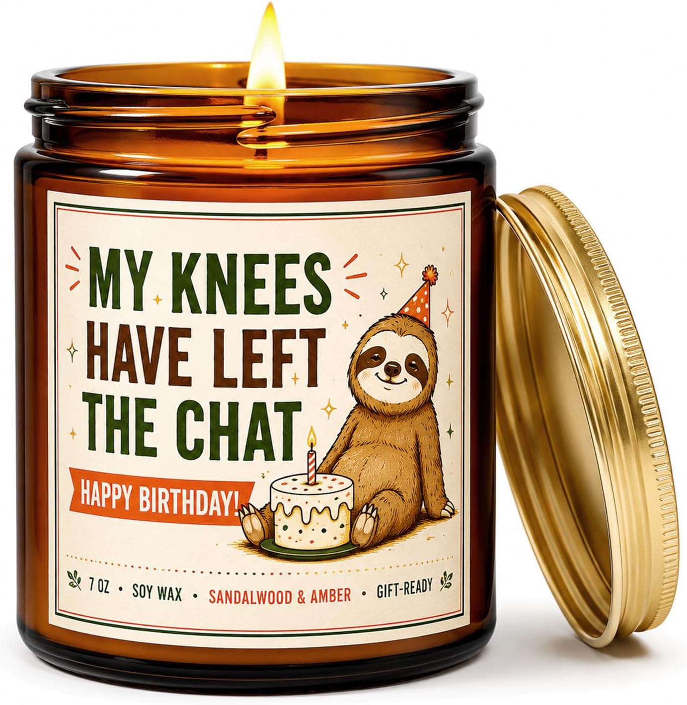 Birthday Gifts for Women and Men, Funny Birthday Candle, My Knees Have Left the Chat, 7 oz Sandalwood and Amber Soy Wax Gift for 30th 40th 50th 60th 70th Birthdays