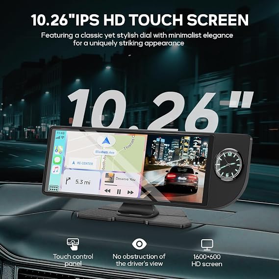 Wireless Carplay Screen for Car - 10.26 Inch Apple Carplay & Android Auto Car Stereo Portable Carplay Touchscreen with Built-in Clock, 4K Dash Cam, 1080P Backup Camera (Front&Rear Camera, Black)
