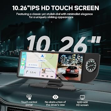 Wireless Carplay Screen for Car - 10.26 Inch Apple Carplay & Android Auto Car Stereo Portable Carplay Touchscreen with Built-in Clock, 4K Dash Cam, 1080P Backup Camera (Front&Rear Camera, Black)