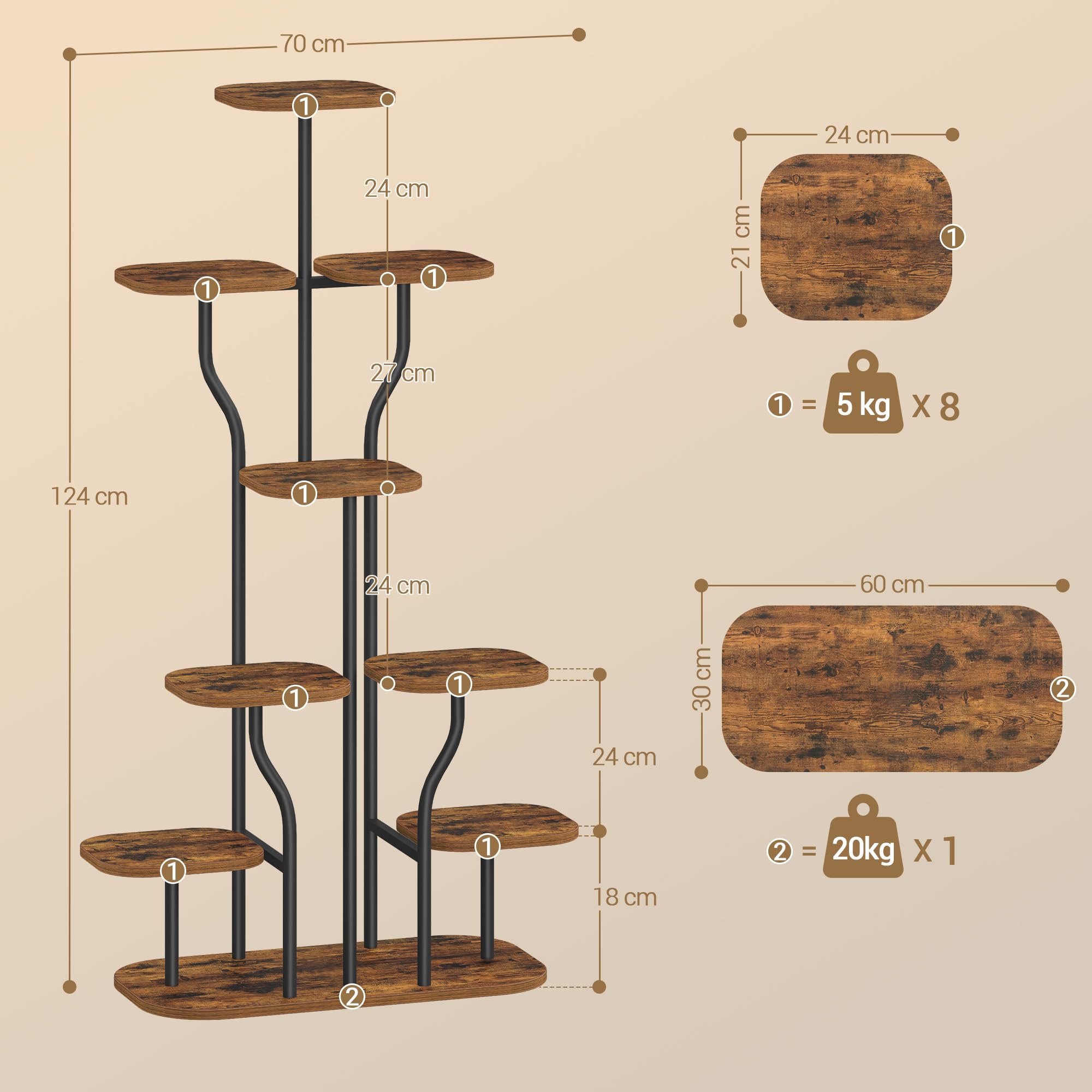 Hzuaneri Pflanzenständer mit Wachstumslicht - 9 Ebenen Blumenständer 124 cm Metall Holz Pflanzenregal, Geschwungene Pflanzentreppe für Innen, Wohnzimmer, Balkon, Vintage-Braun PS16401BEU