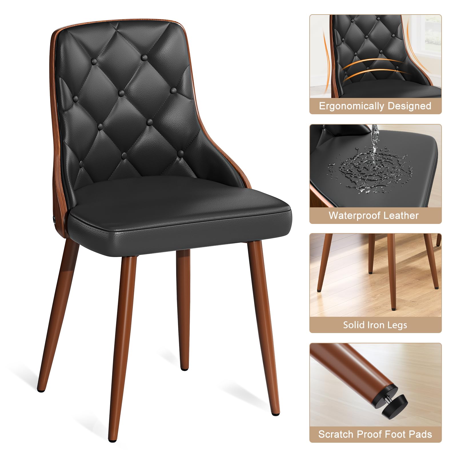 Set Of 2 Mid Century Modern Dining Chairs – Walnut & Black Faux Leather, X-Metal Legs, 300 Lb Capacity